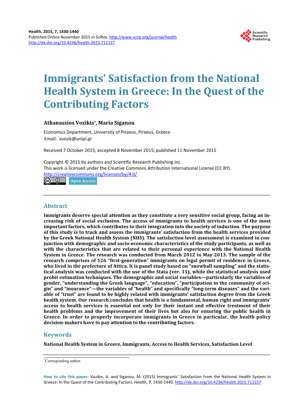 Immigrants' Satisfaction from the National Health System in Greece