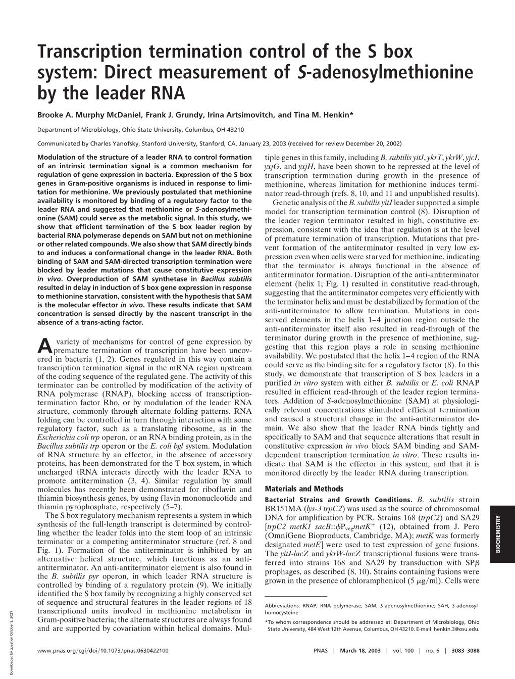 Transcription Termination Control of the S Box System: Direct Measurement of S-Adenosylmethionine by the Leader RNA