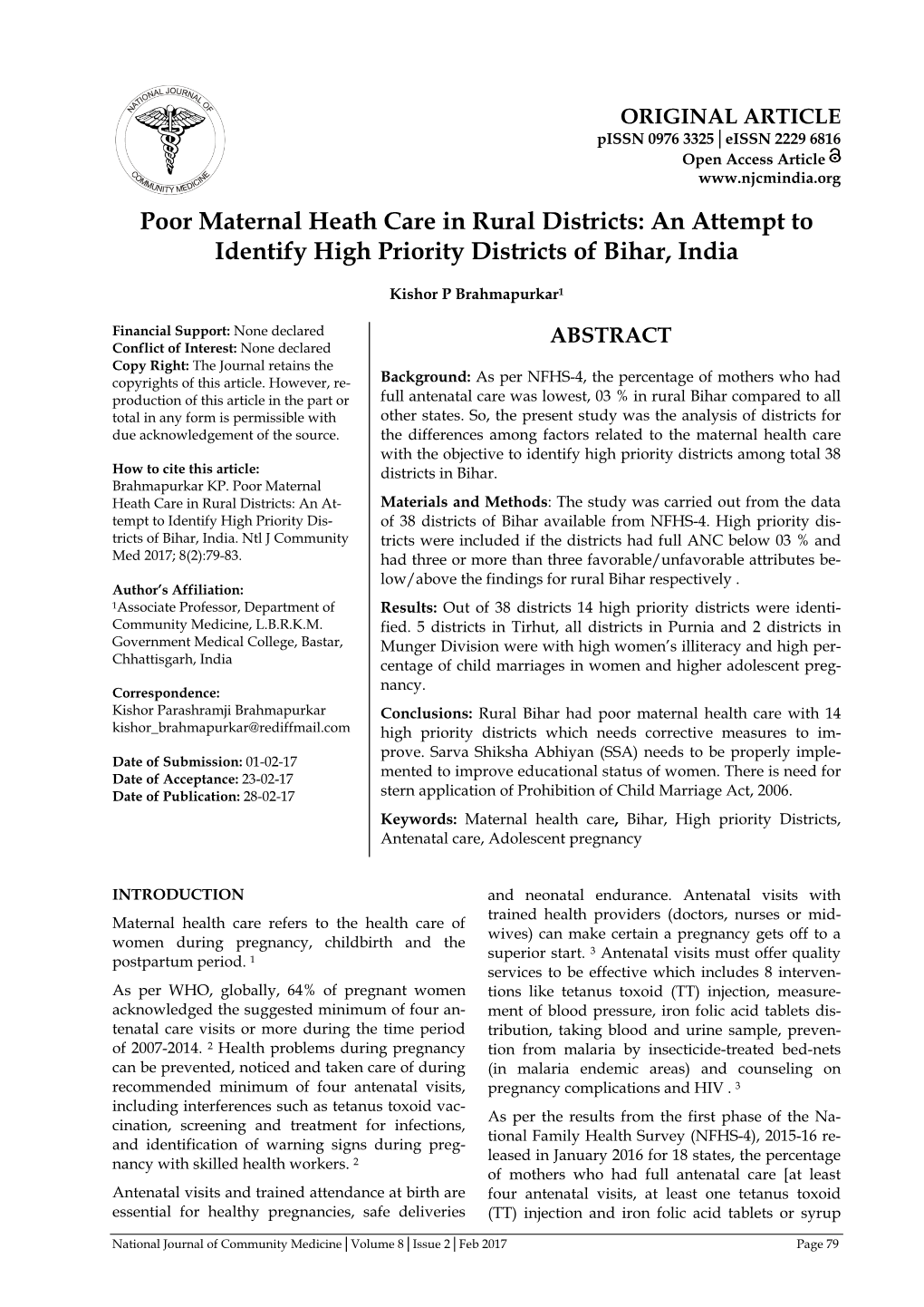 Poor Maternal Heath Care in Rural Districts: an Attempt to Identify High Priority Districts of Bihar, India