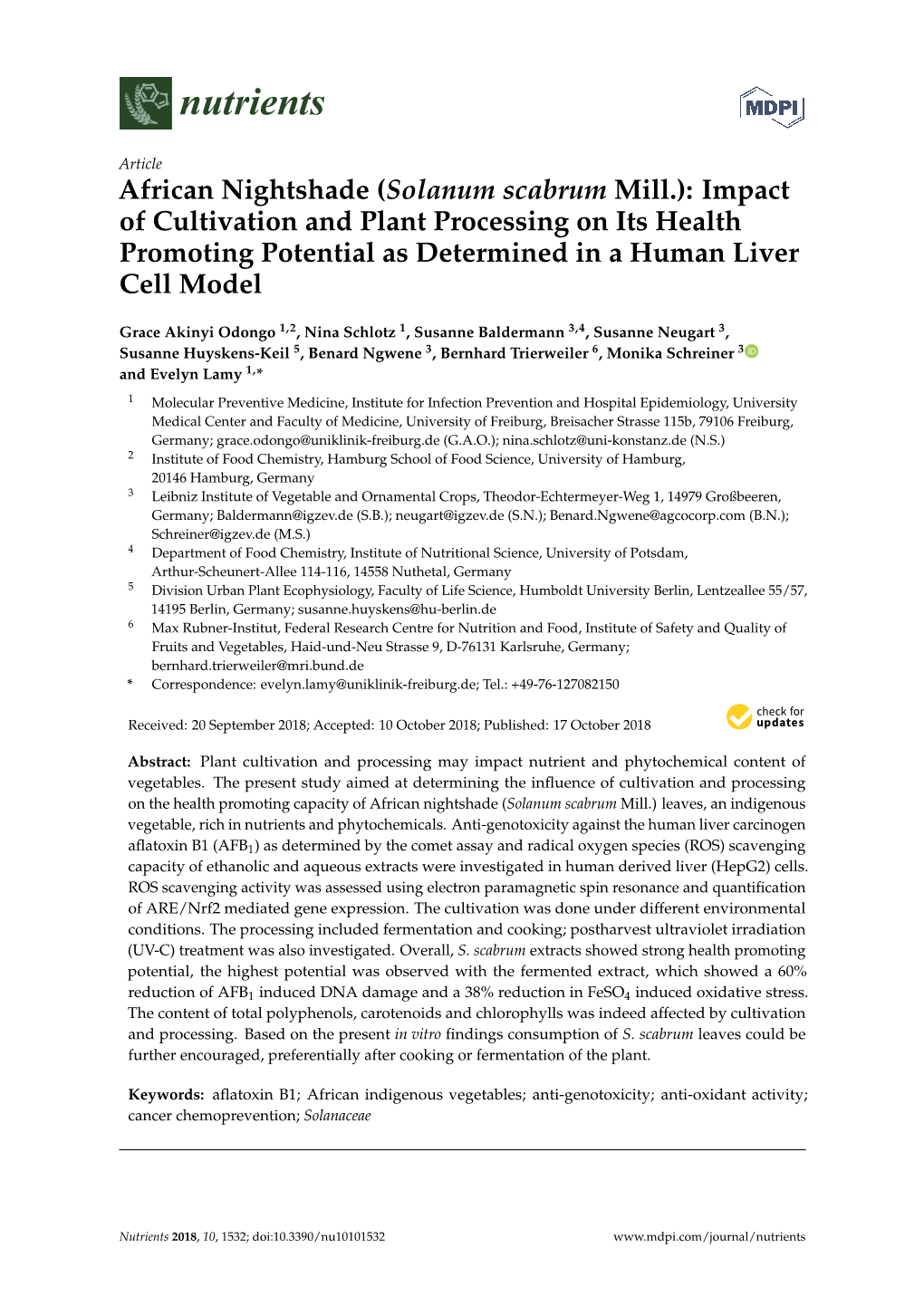 African Nightshade (Solanum Scabrum Mill.): Impact of Cultivation and Plant Processing on Its Health Promoting Potential As Determined in a Human Liver Cell Model