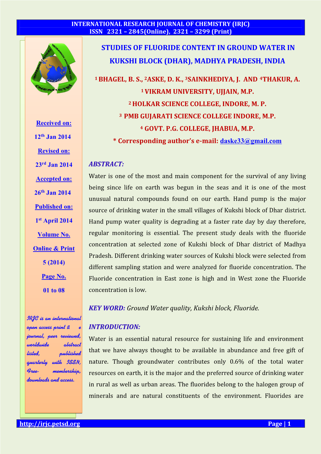 Studies of Fluoride Content in Ground Water in Kukshi Block (Dhar)