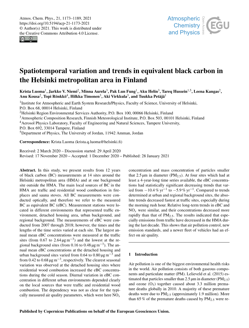 Spatiotemporal Variation and Trends in Equivalent Black Carbon in the Helsinki Metropolitan Area in Finland