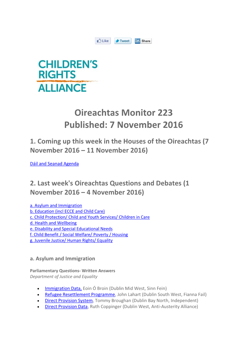 Oireachtas Monitor 223 Published: 7 November 2016