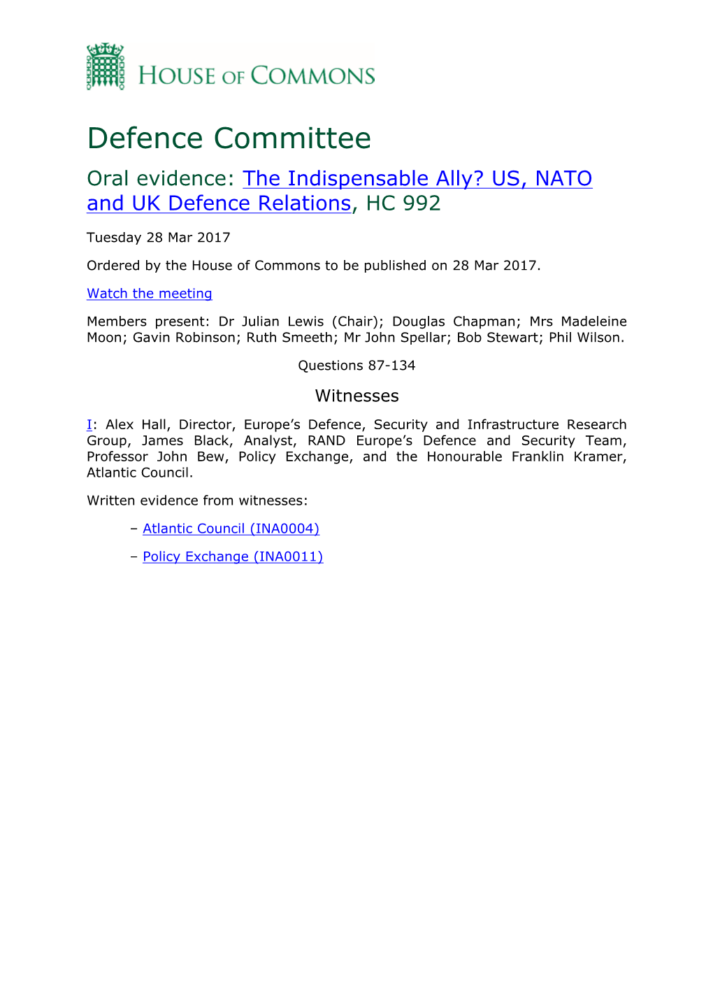 The Indispensable Ally? US, NATO and UK Defence Relations, HC 992