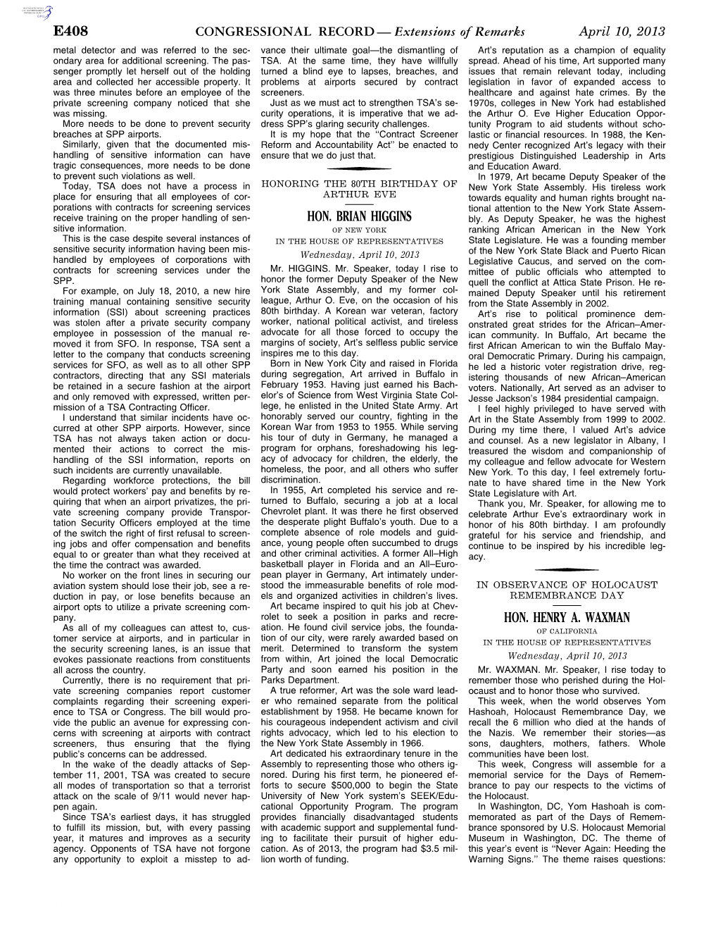 CONGRESSIONAL RECORD— Extensions of Remarks E408 HON