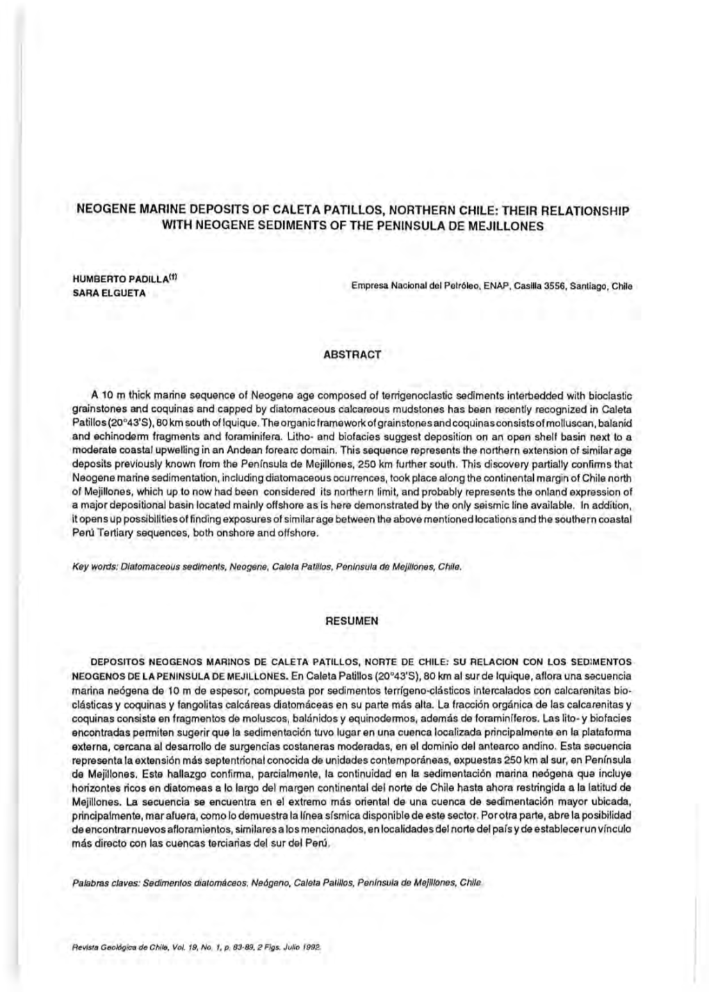 Neogene Marine Deposits of Caleta Patillos, Northern Chile: Their Relationship with Neogene Sediments of the Peninsula De Mejillones