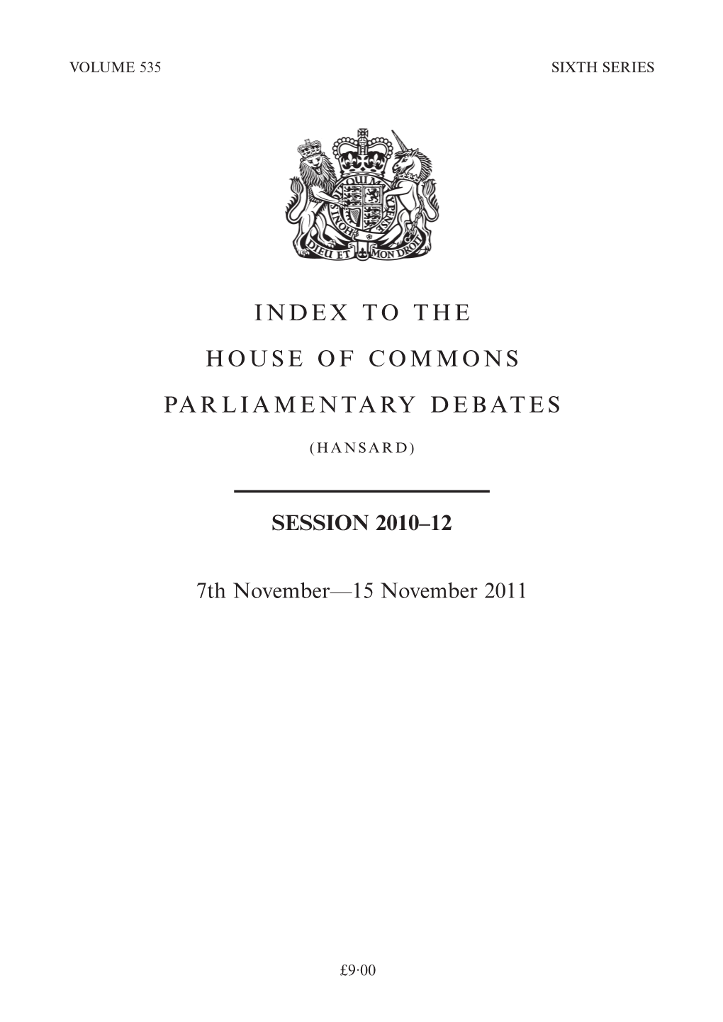 Index to the House of Commons Parliamentary