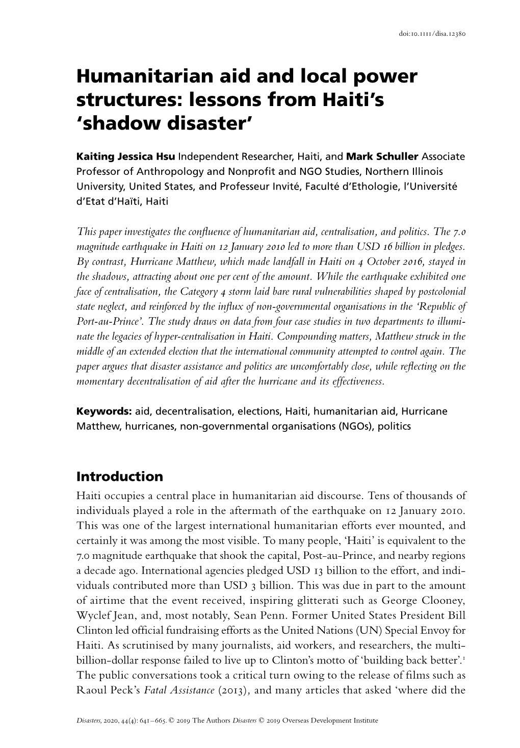 Humanitarian Aid and Local Power Structures: Lessons from Haiti&