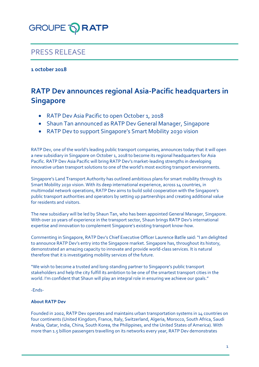 181001 Singapore Subsidiary Release.Pdf