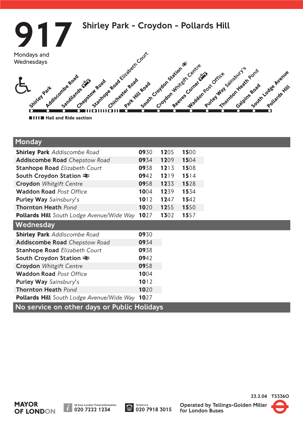 917 Shirley Park - Croydon - Pollards Hill Mondays and Wednesdays