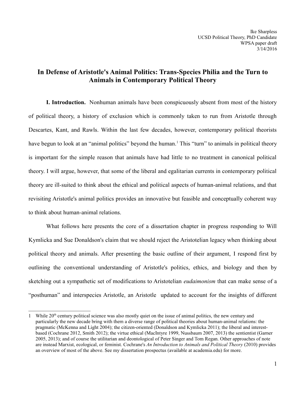 In Defense of Aristotle's Animal Politics: Trans-Species Philia and the Turn to Animals in Contemporary Political Theory