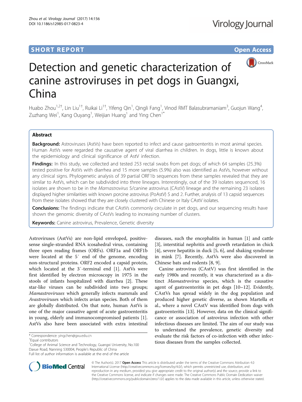 Detection and Genetic Characterization of Canine Astroviruses in Pet Dogs in Guangxi, China