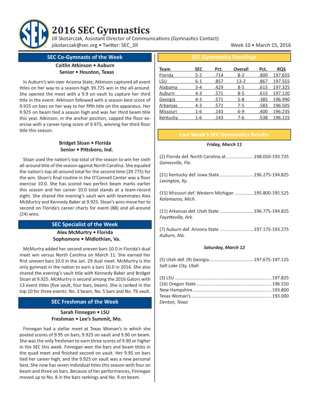 2016 SEC Gymnastics Jill Skotarczak, Assistant Director of Communications (Gymnastics Contact) Jskotarczak@Sec.Org • Twitter: SEC Jill Week 10 • March 15, 2016