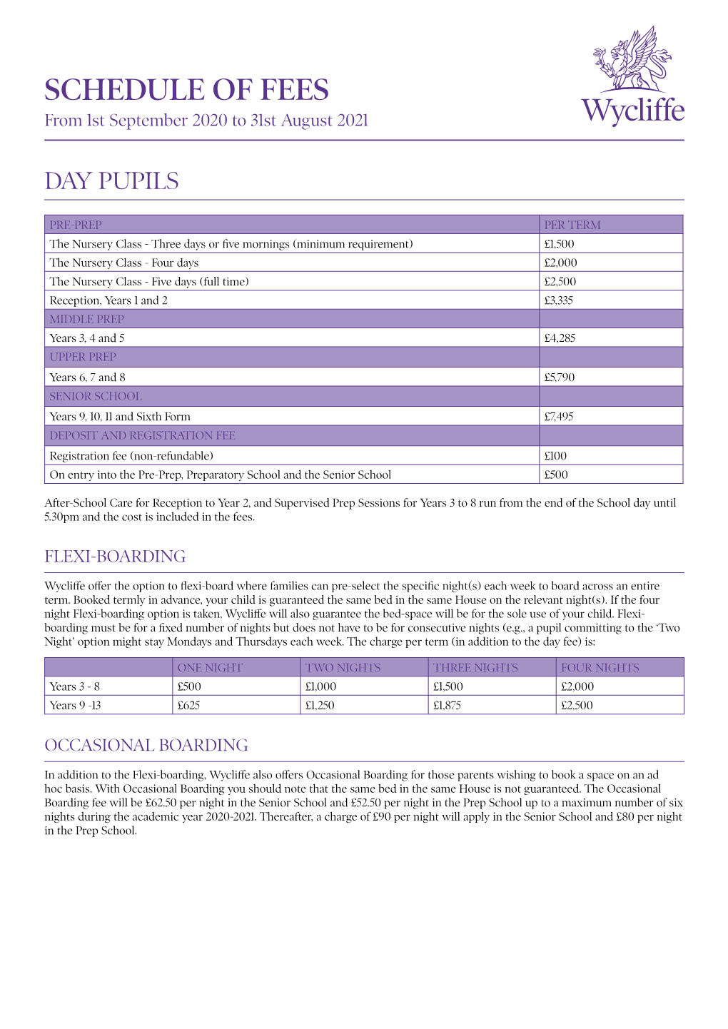 SCHEDULE of FEES from 1St September 2020 to 31St August 2021