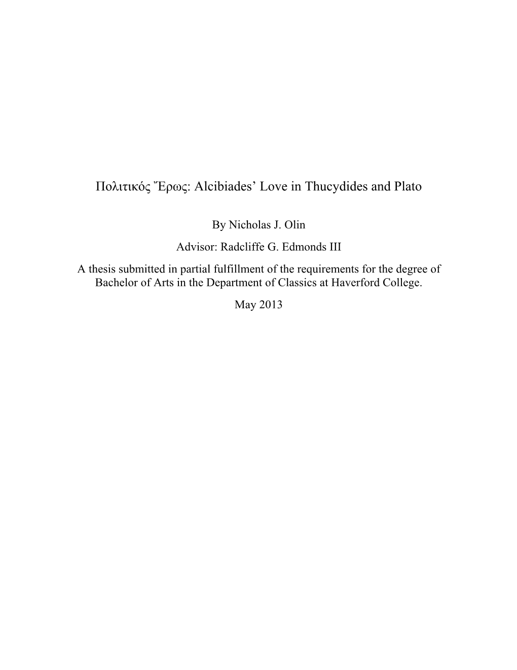 Alcibiades' Love in Thucydides and Plato