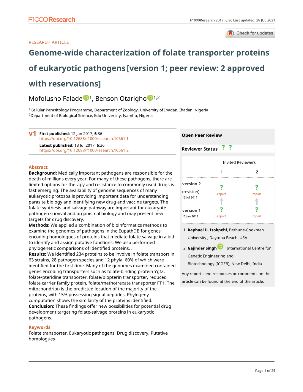 Genome-Wide Characterization of Folate Transporter Proteins of Eukaryotic Pathogens [Version 1; Peer Review: 2 Approved with Reservations]