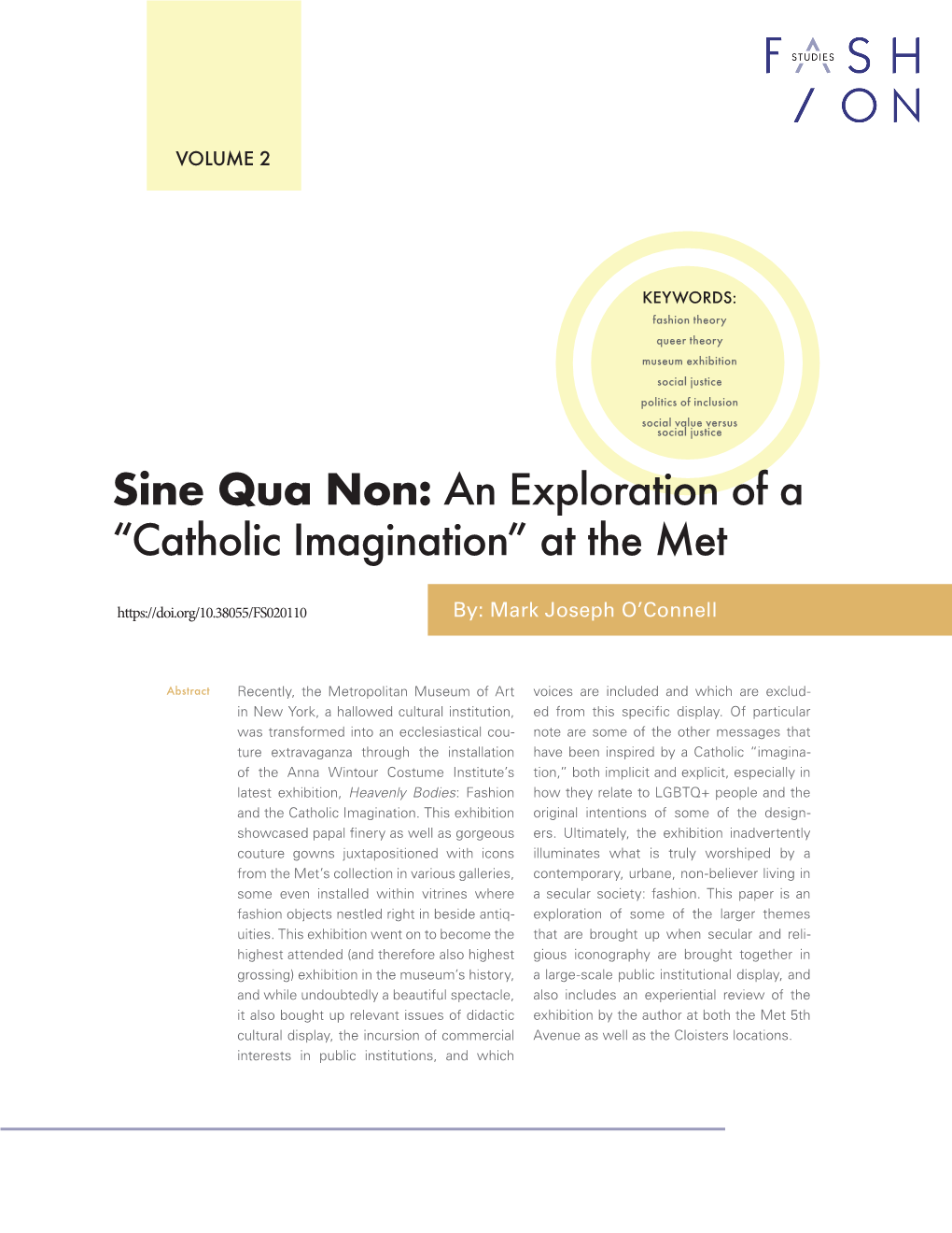 Sine Qua Non: an Exploration of a “Catholic Imagination” at the Met By: Mark Joseph O’Connell