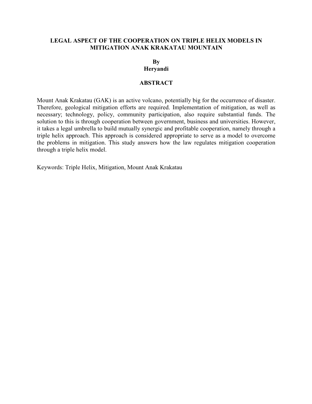 Legal Aspect of the Cooperation on Triple Helix Models in Mitigation Anak Krakatau Mountain