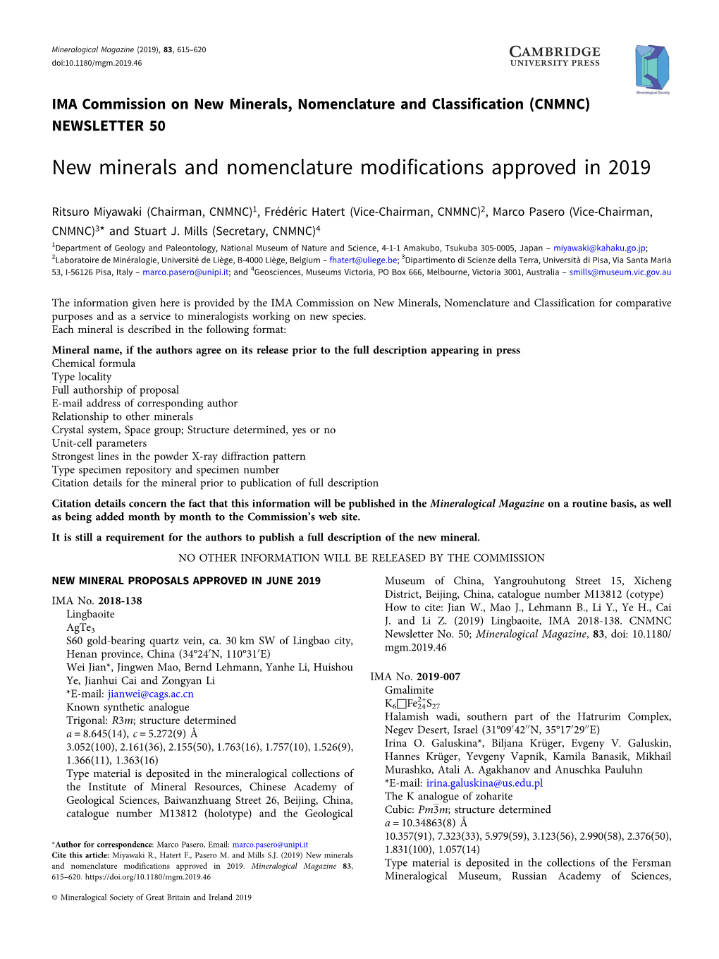 New Minerals and Nomenclature Modifications Approved in 2019