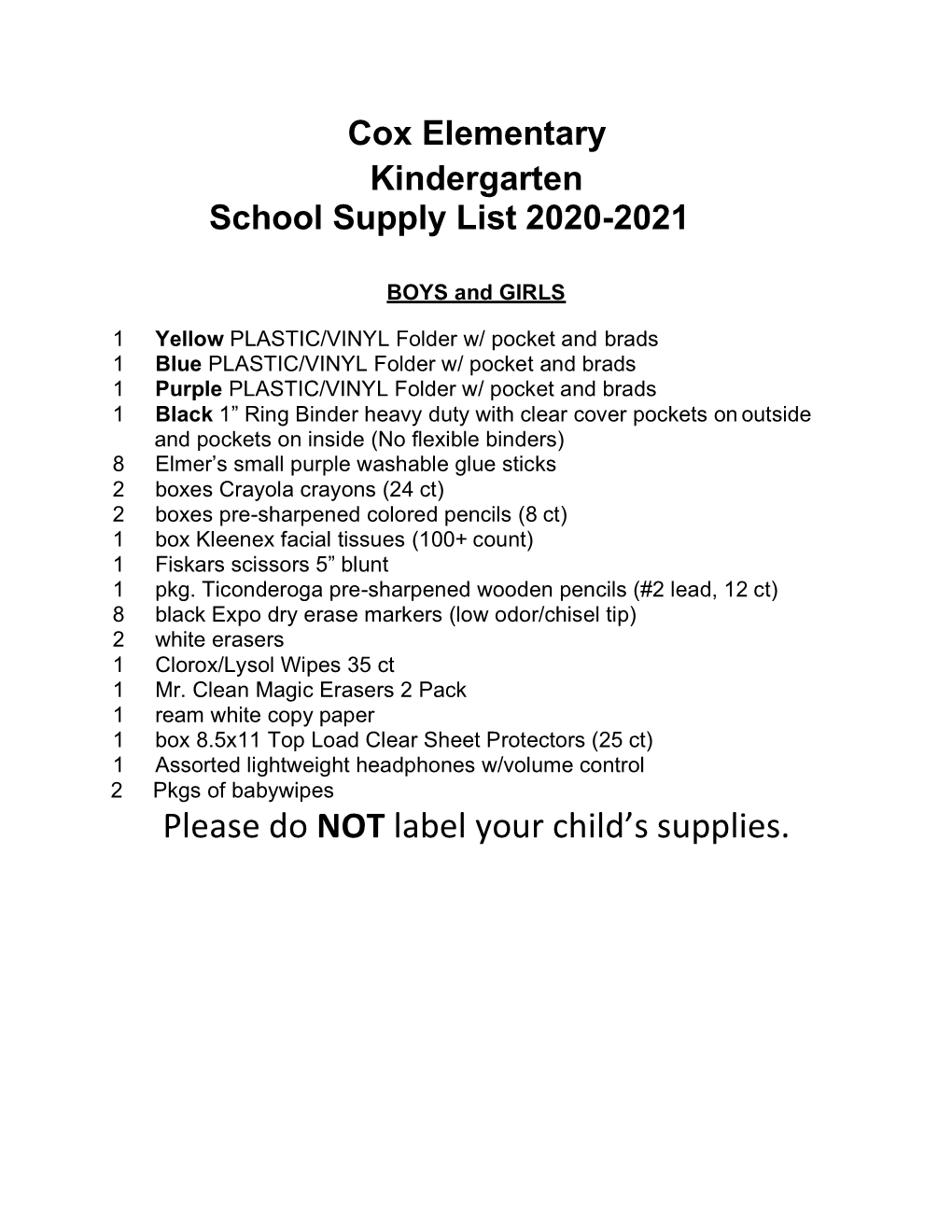 Please Do NOT Label Your Child's Supplies