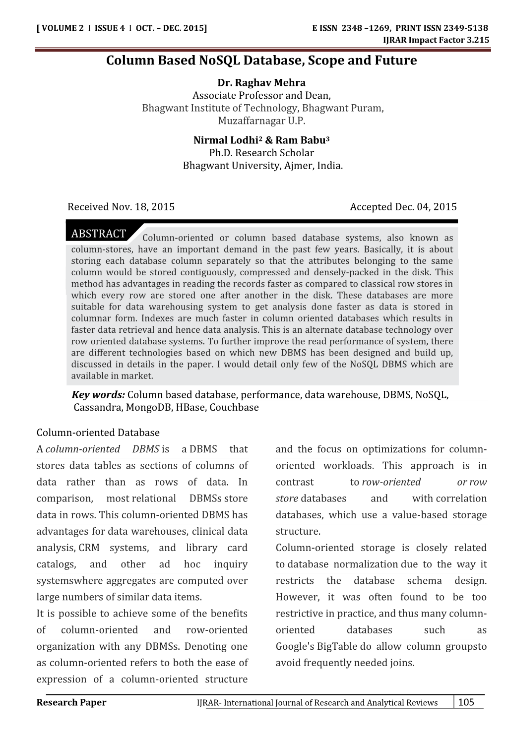 Column Based Nosql Database, Scope and Future