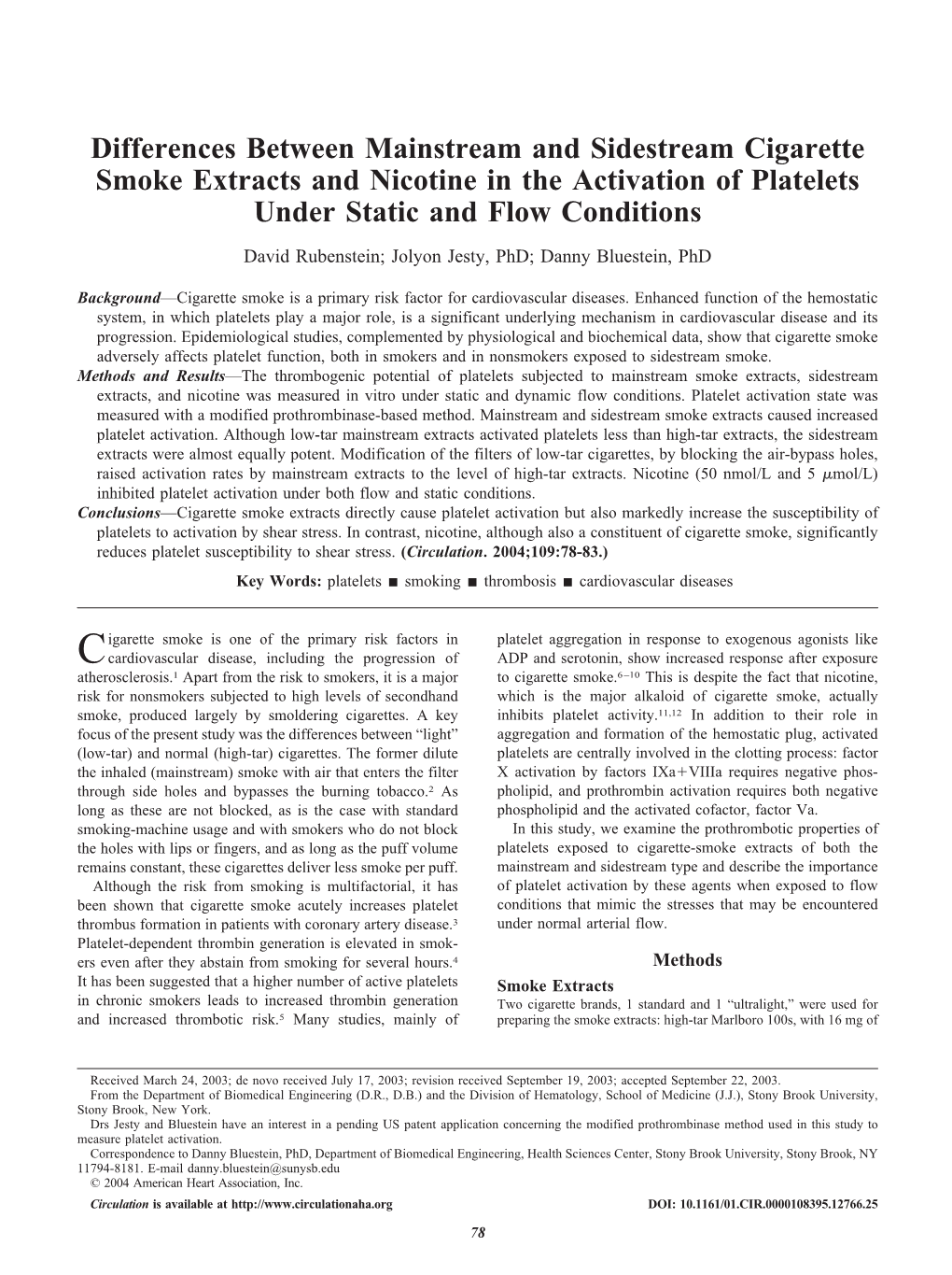 Differences Between Mainstream and Sidestream Cigarette Smoke Extracts and Nicotine in the Activation of Platelets Under Static and Flow Conditions