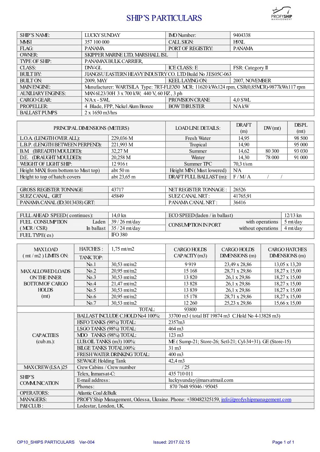 Ship's Particulars