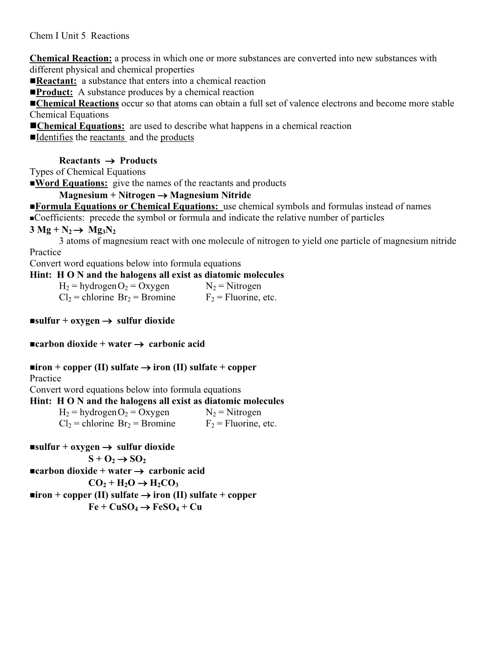 Chem I Unit 5 Reactions Chemical Reaction