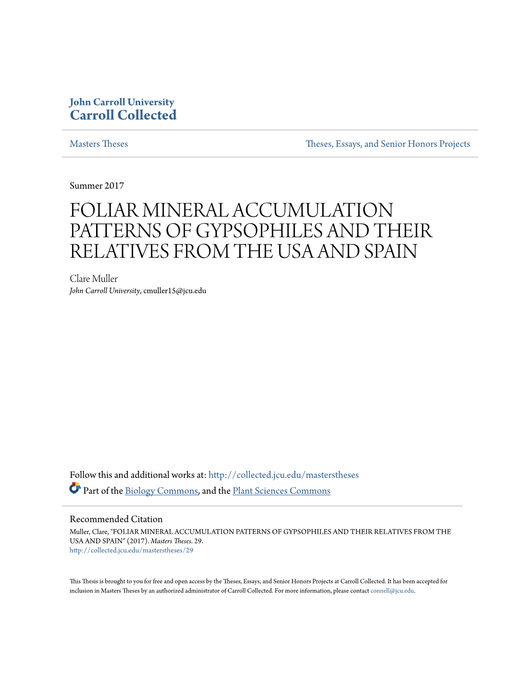 Foliar Mineral Accumulation Patterns of Gypsophiles and Their Relatives from the Usa and Spain" (2017)