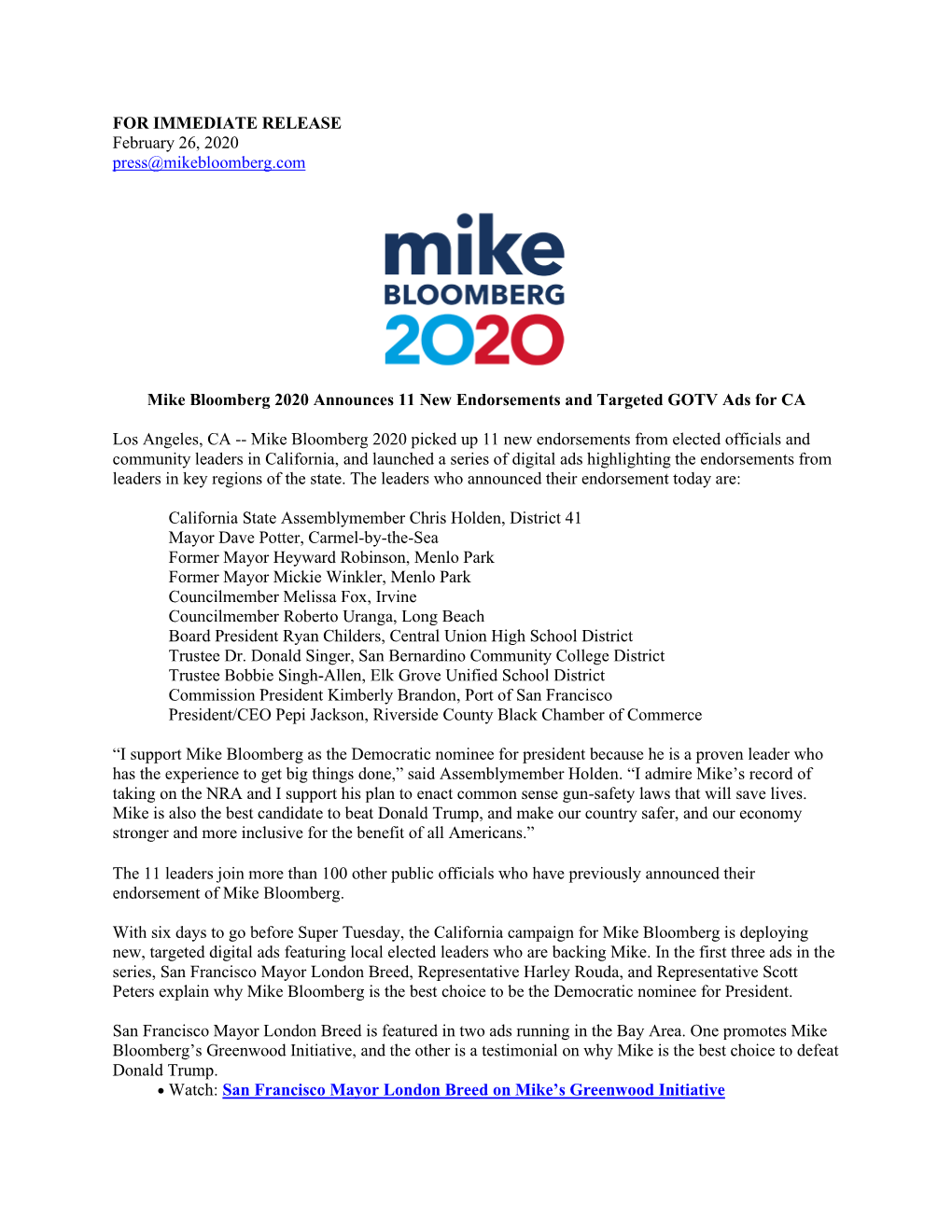 FOR IMMEDIATE RELEASE February 26, 2020 Press@Mikebloomberg.Com