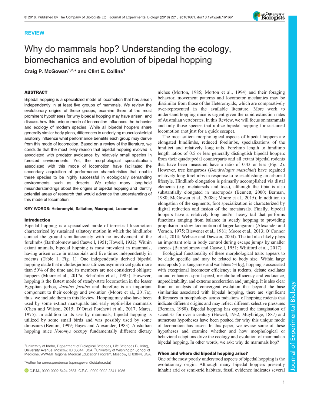 Why Do Mammals Hop? Understanding the Ecology, Biomechanics and Evolution of Bipedal Hopping Craig P