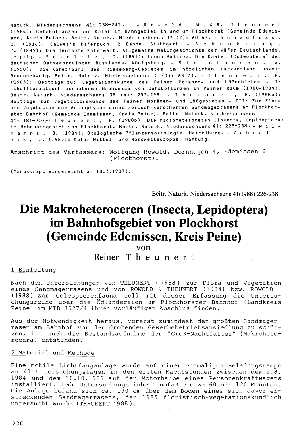 Im Bahnhofsgebiet Von Plockhorst (Gemeinde Edemissen, Kreis Peine) Von Reiner Theunert 1 Einleitung