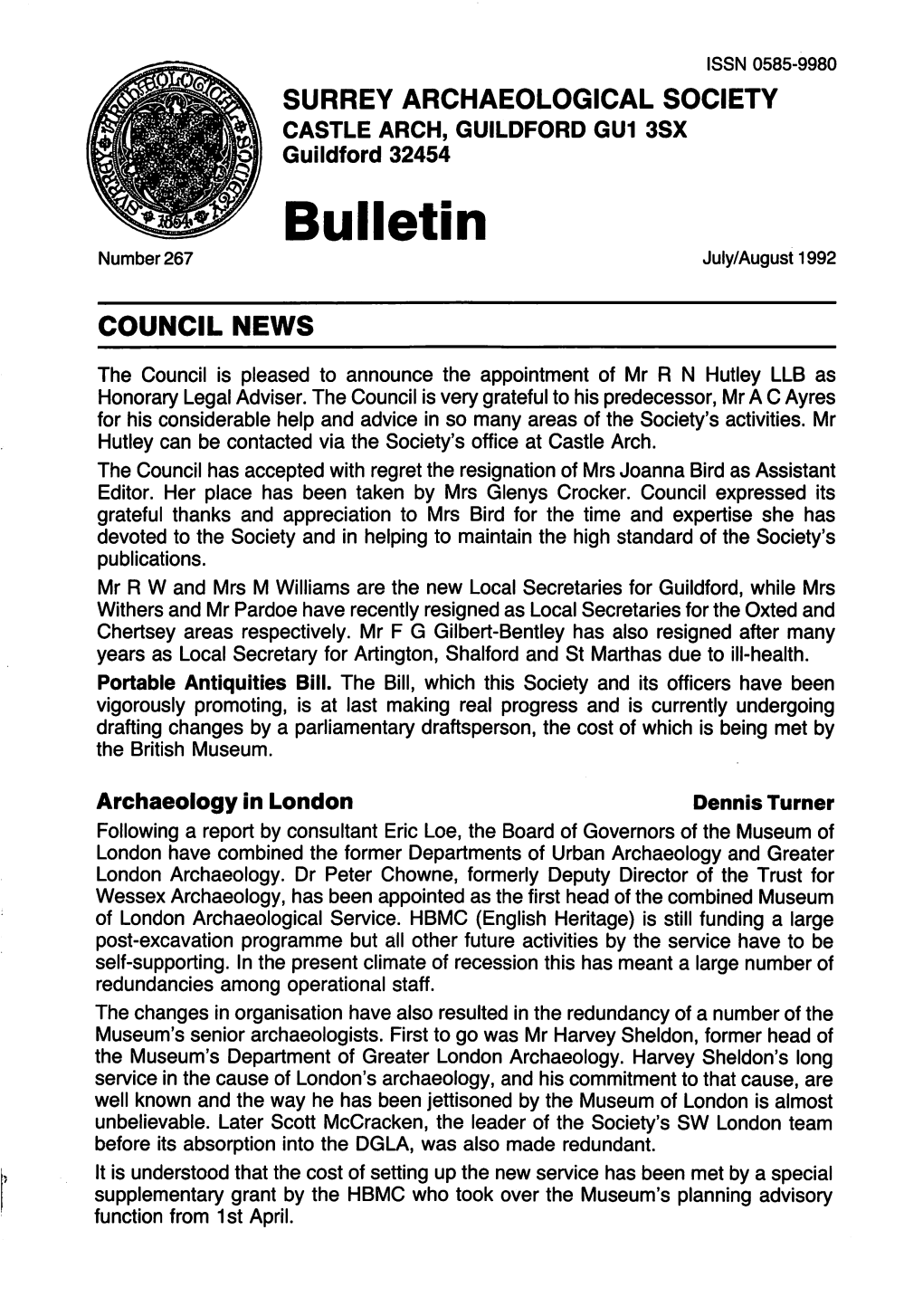 Bulletin N U M B E R 2 6 7 Juiy/August1992