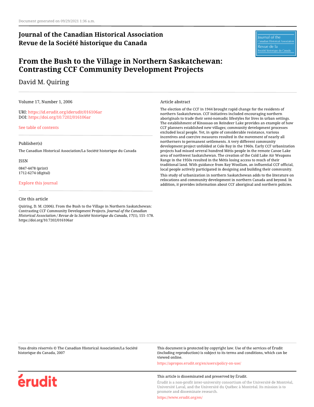 From the Bush to the Village in Northern Saskatchewan: Contrasting CCF Community Development Projects David M