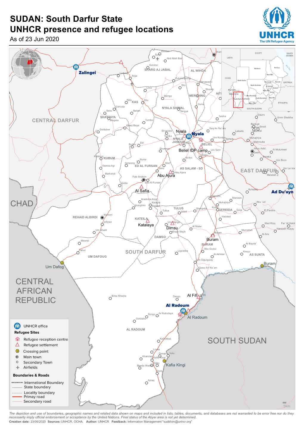 South Darfur State UNHCR Presence and Refugee Locations As of 23 Jun 2020