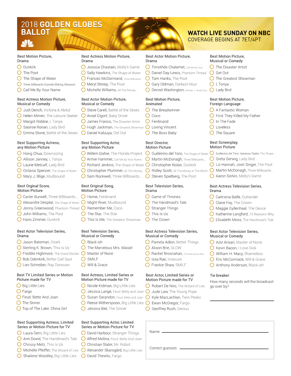 Golden Globes Ballot Watch Live Sunday on Nbc Coverage Begins at 7Et/4Pt