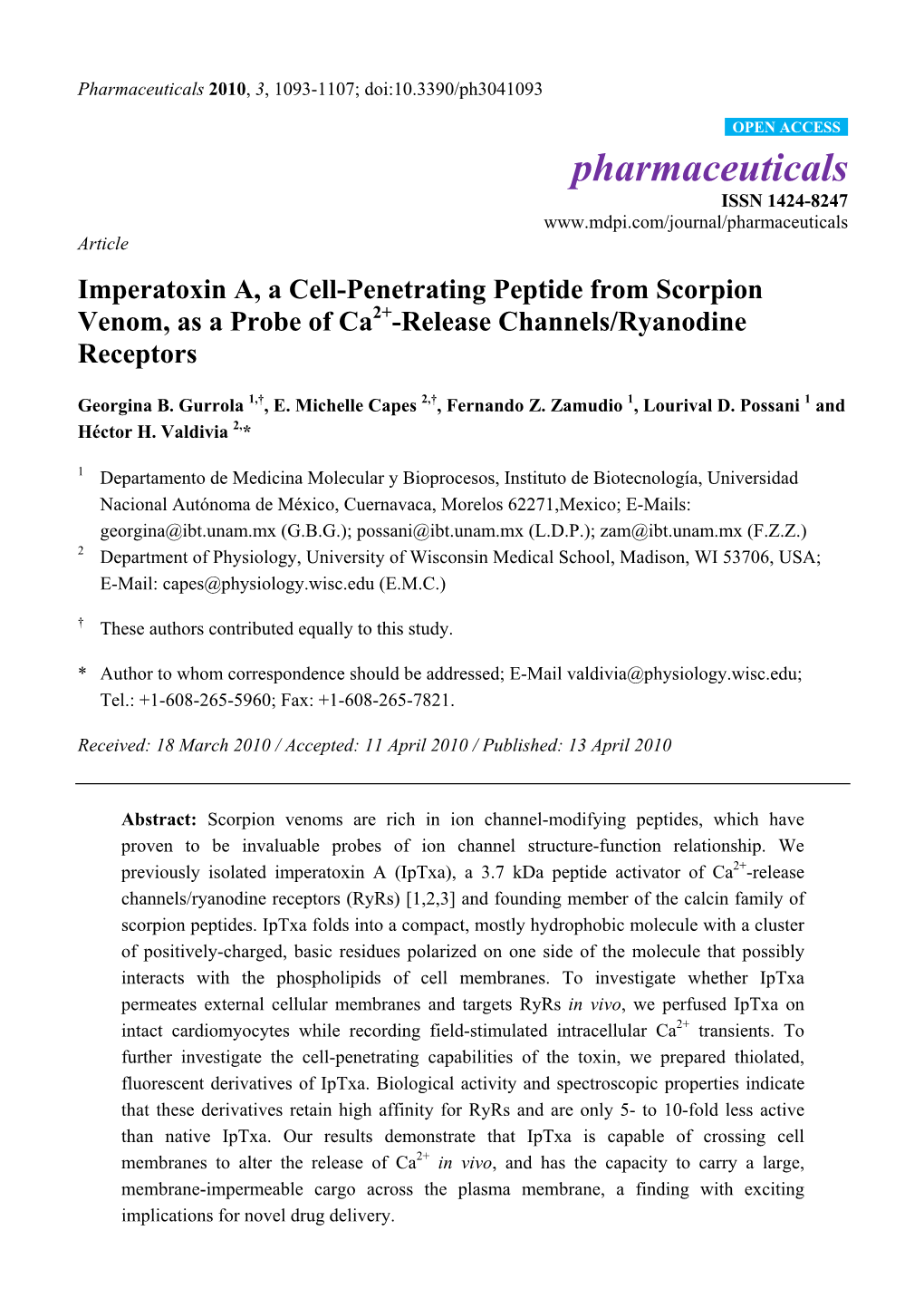 Imperatoxin A, a Cell-Penetrating Peptide from Scorpion Venom, As a Probe of Ca2+-Release Channels/Ryanodine Receptors