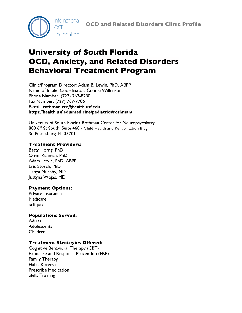 University of South Florida OCD, Anxiety, and Related Disorders Behavioral Treatment Program