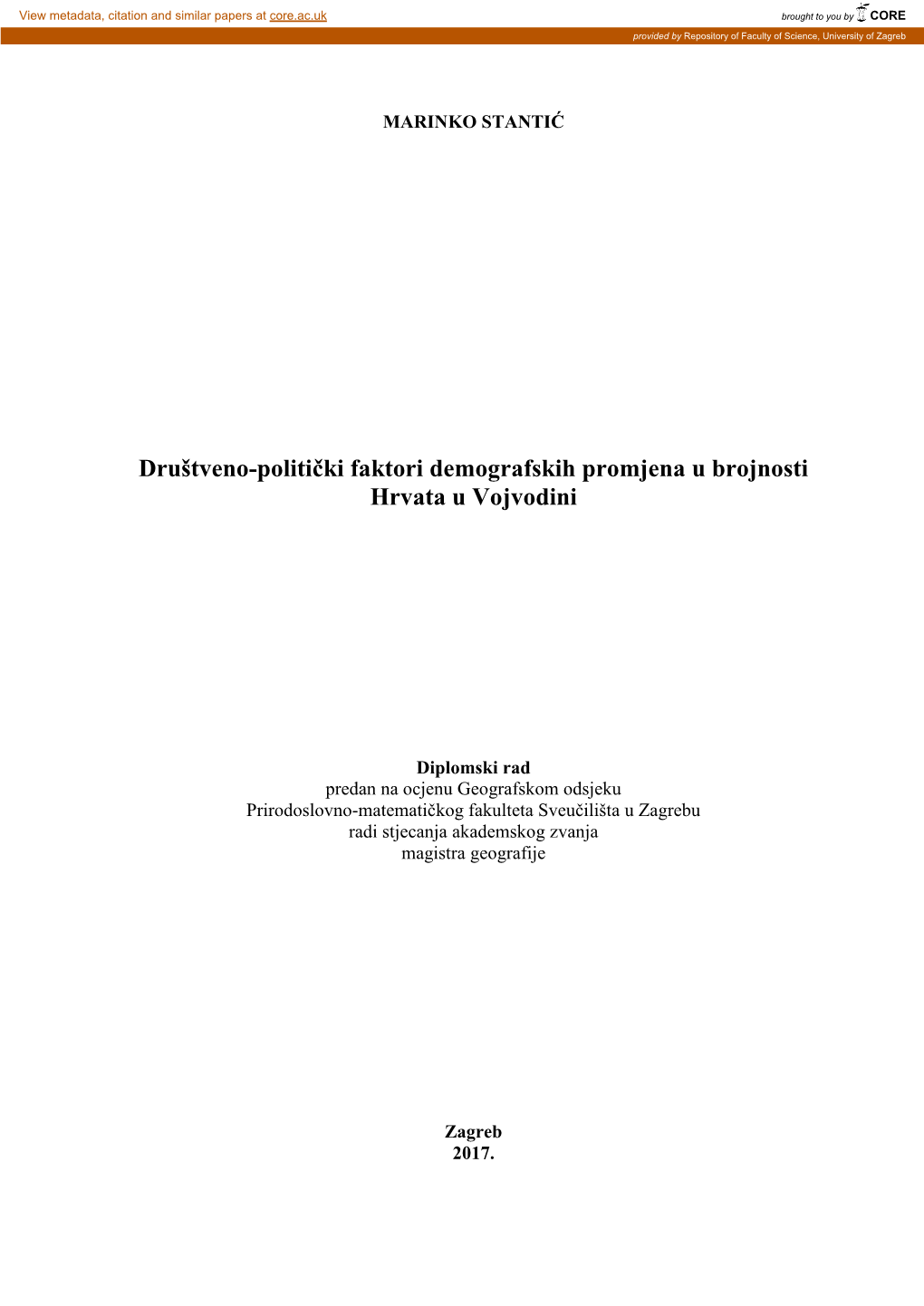 Društveno-Politički Faktori Demografskih Promjena U Brojnosti Hrvata U Vojvodini