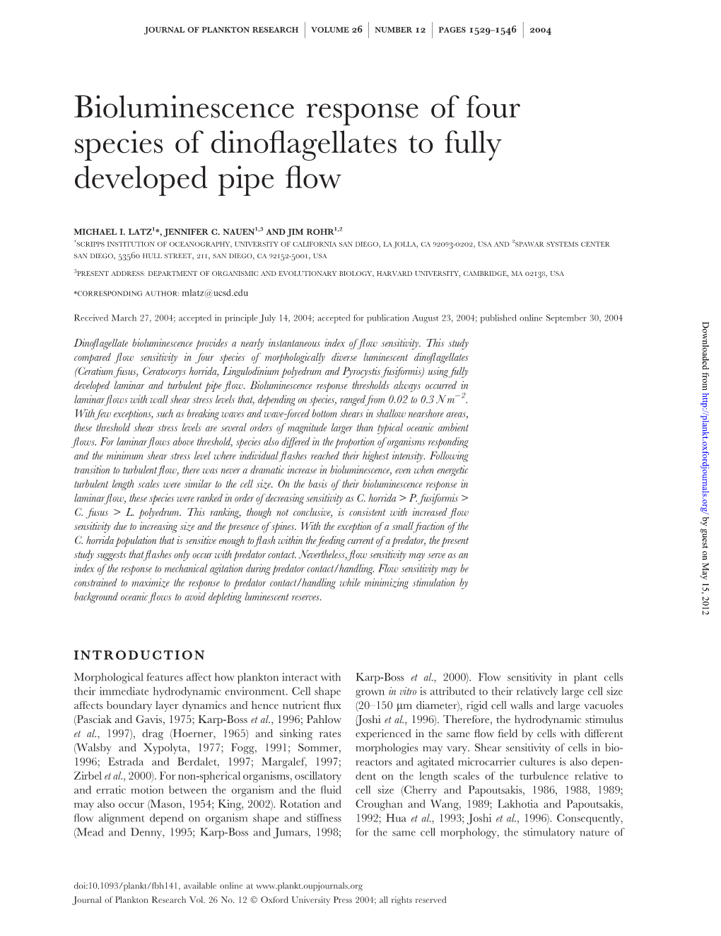 Bioluminescence Response of Four Species of Dinoflagellates to Fully Developed Pipe Flow