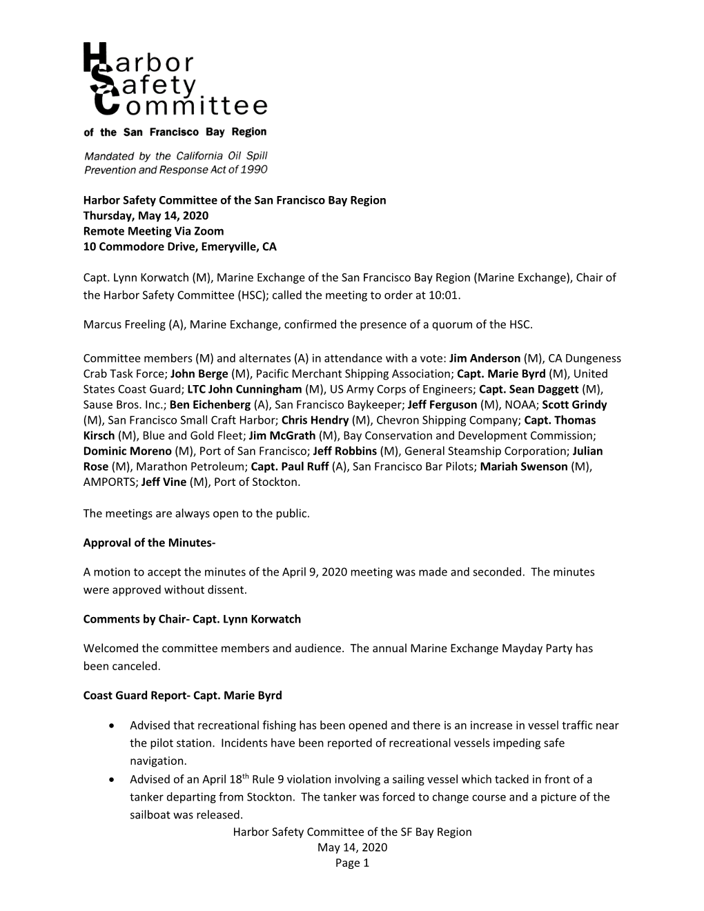 Harbor Safety Committee of the SF Bay Region May 14, 2020 Page 1