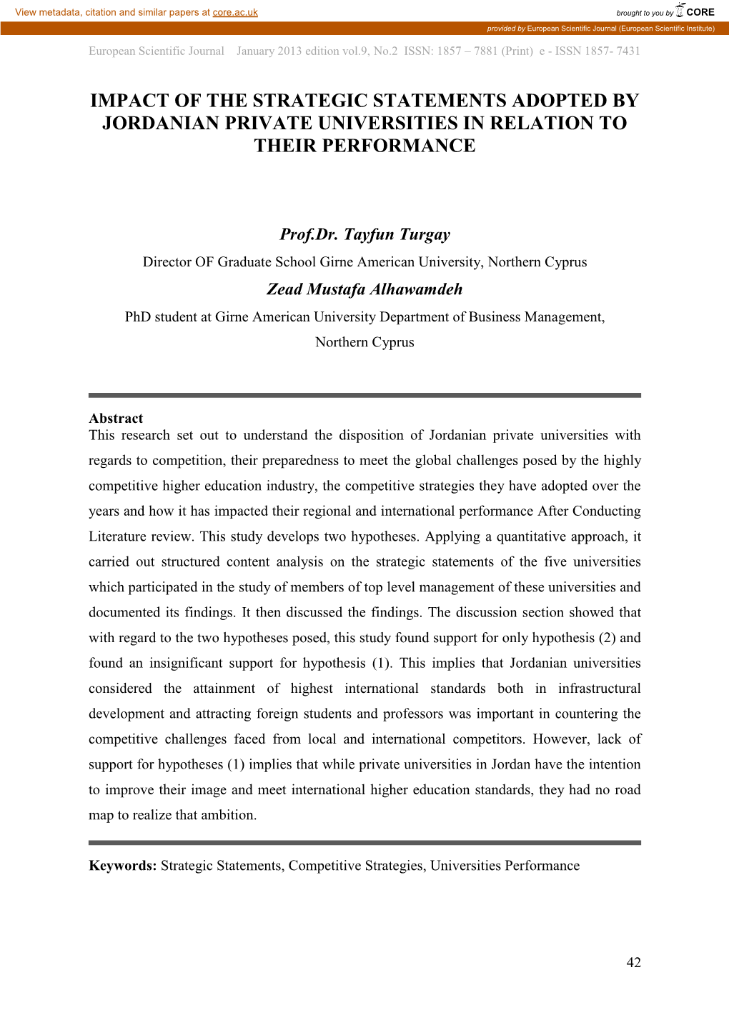 Impact of the Strategic Statements Adopted by Jordanian Private Universities in Relation to Their Performance