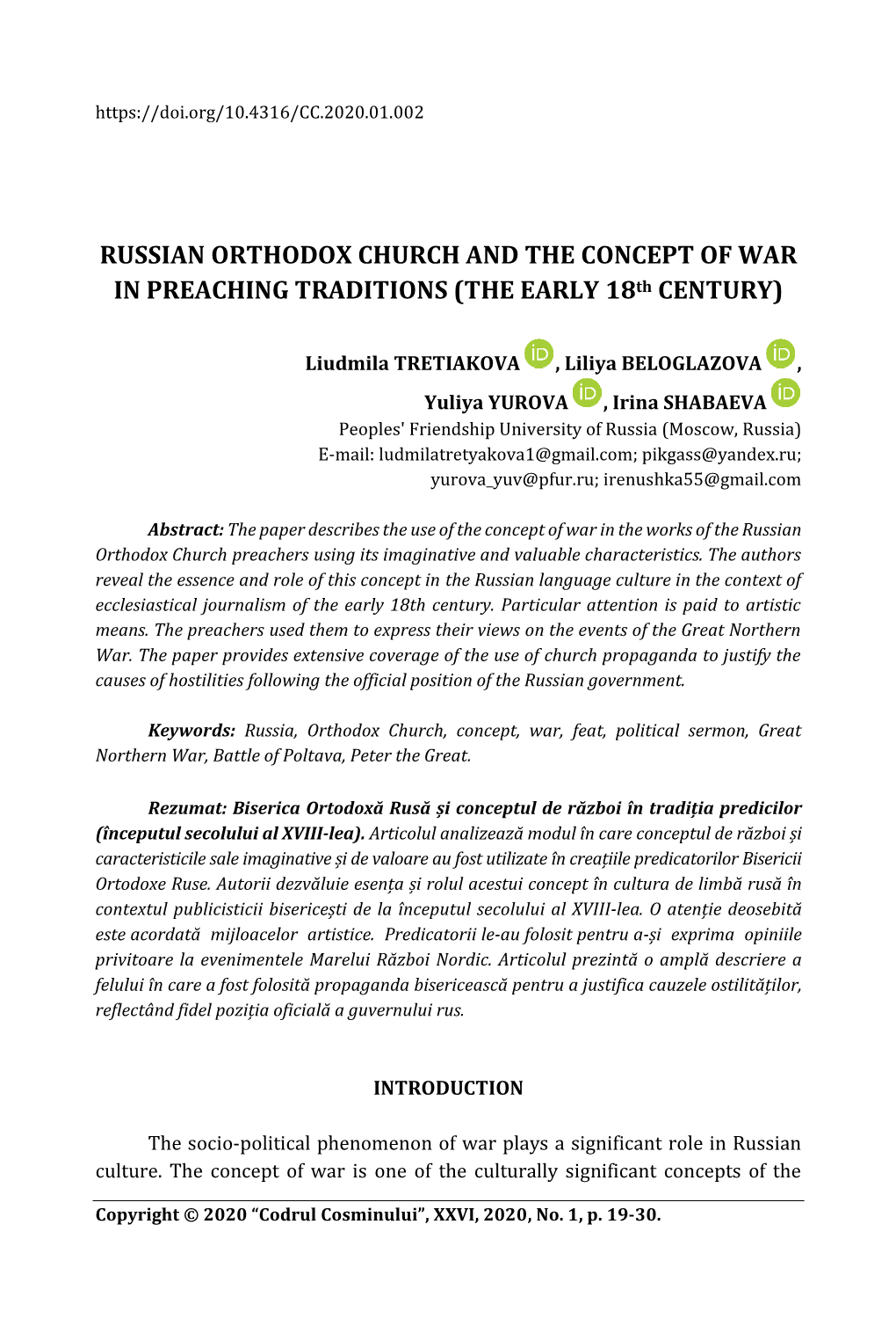 RUSSIAN ORTHODOX CHURCH and the CONCEPT of WAR in PREACHING TRADITIONS (THE EARLY 18Th CENTURY)