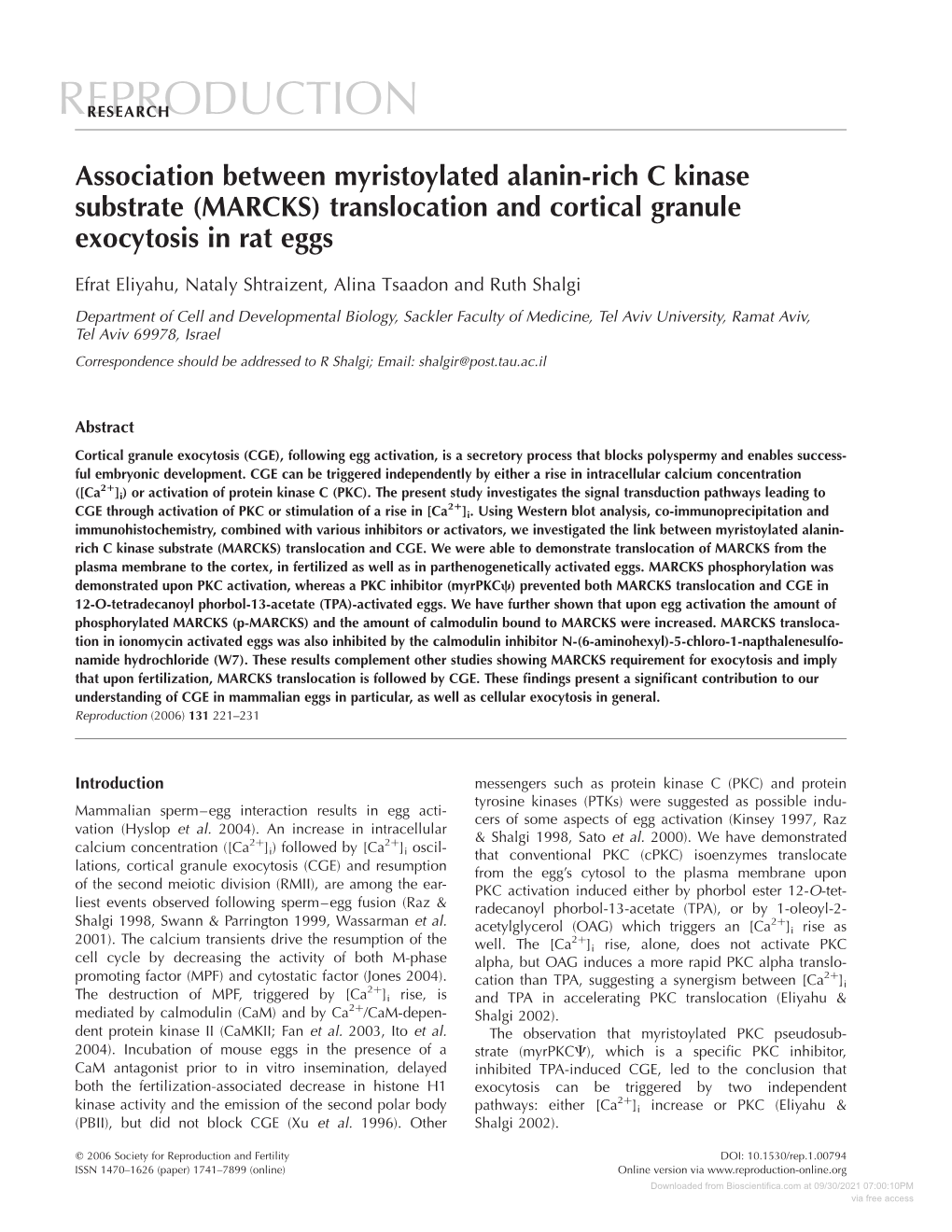 Association Between Myristoylated Alanin-Rich C Kinase Substrate (MARCKS) Translocation and Cortical Granule Exocytosis in Rat Eggs