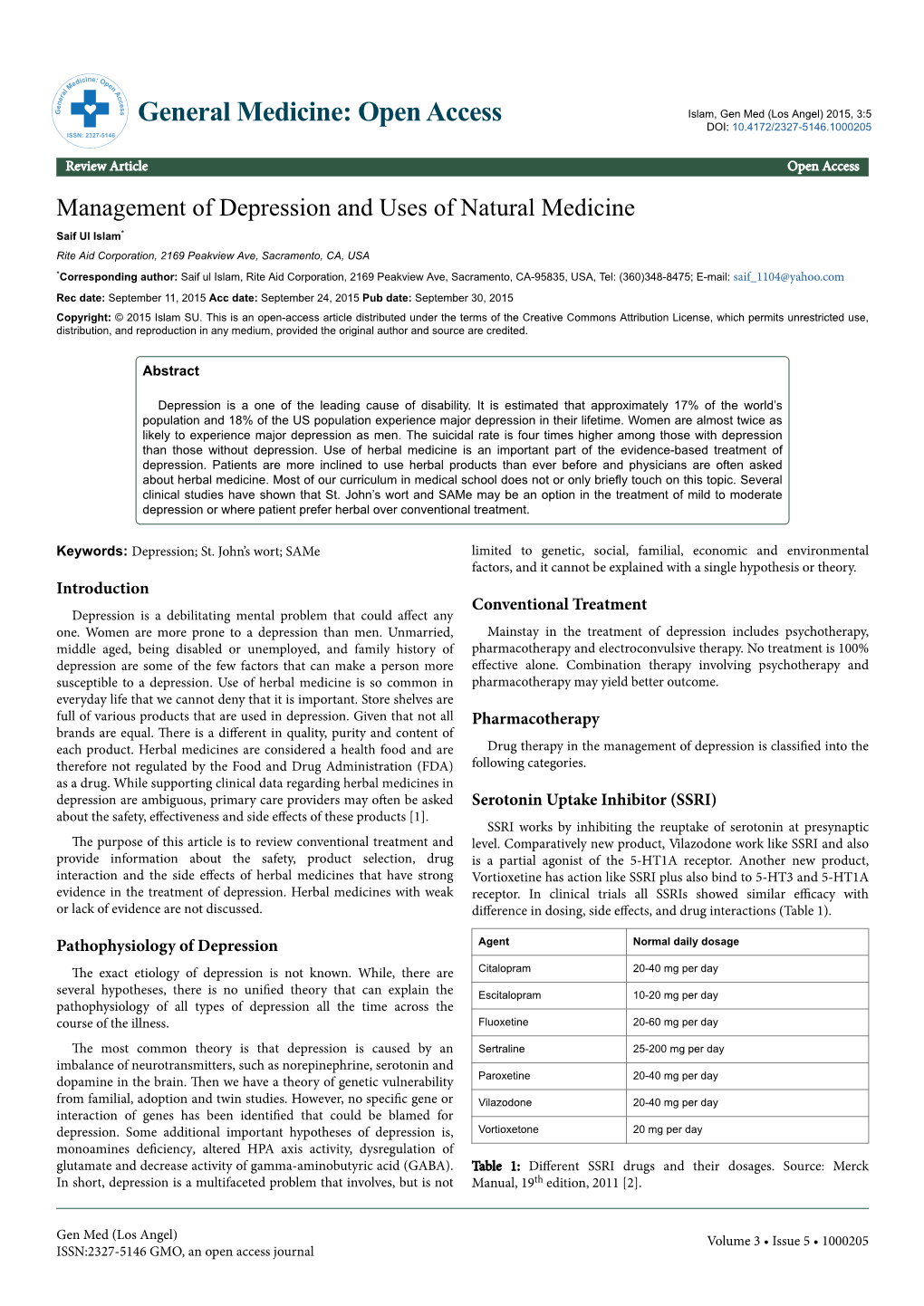 Management of Depression and Uses of Natural Medicine