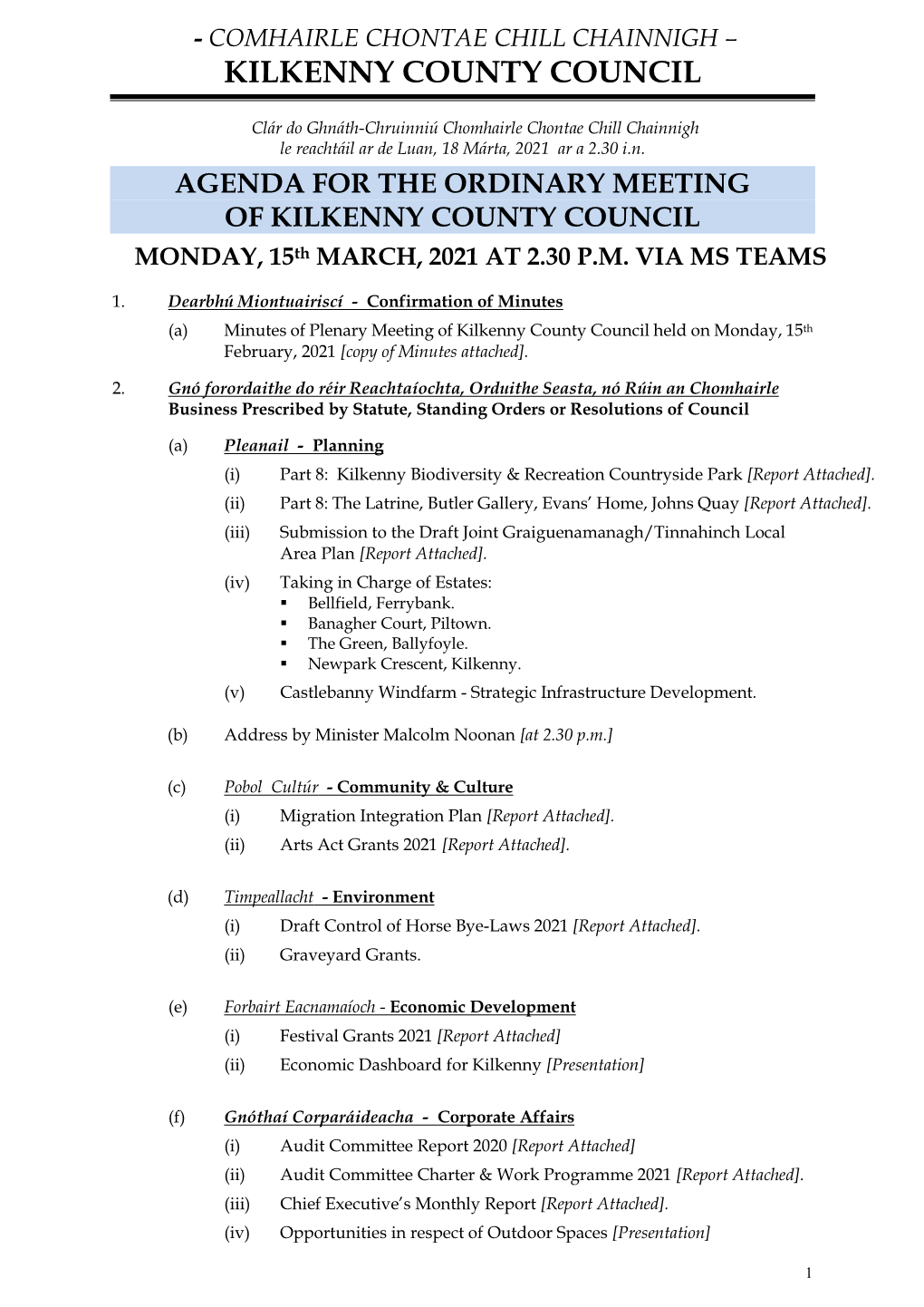 Agenda for the Ordinary Meeting of Kilkenny County Council