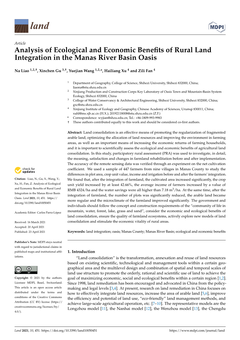 Analysis of Ecological and Economic Benefits of Rural Land Integration in the Manas River Basin Oasis