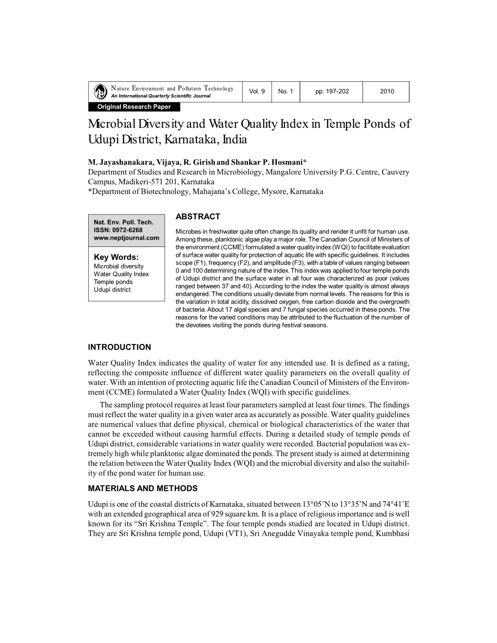 Microbial Diversity and Water Quality Index in Temple Ponds of Udupi District, Karnataka, India