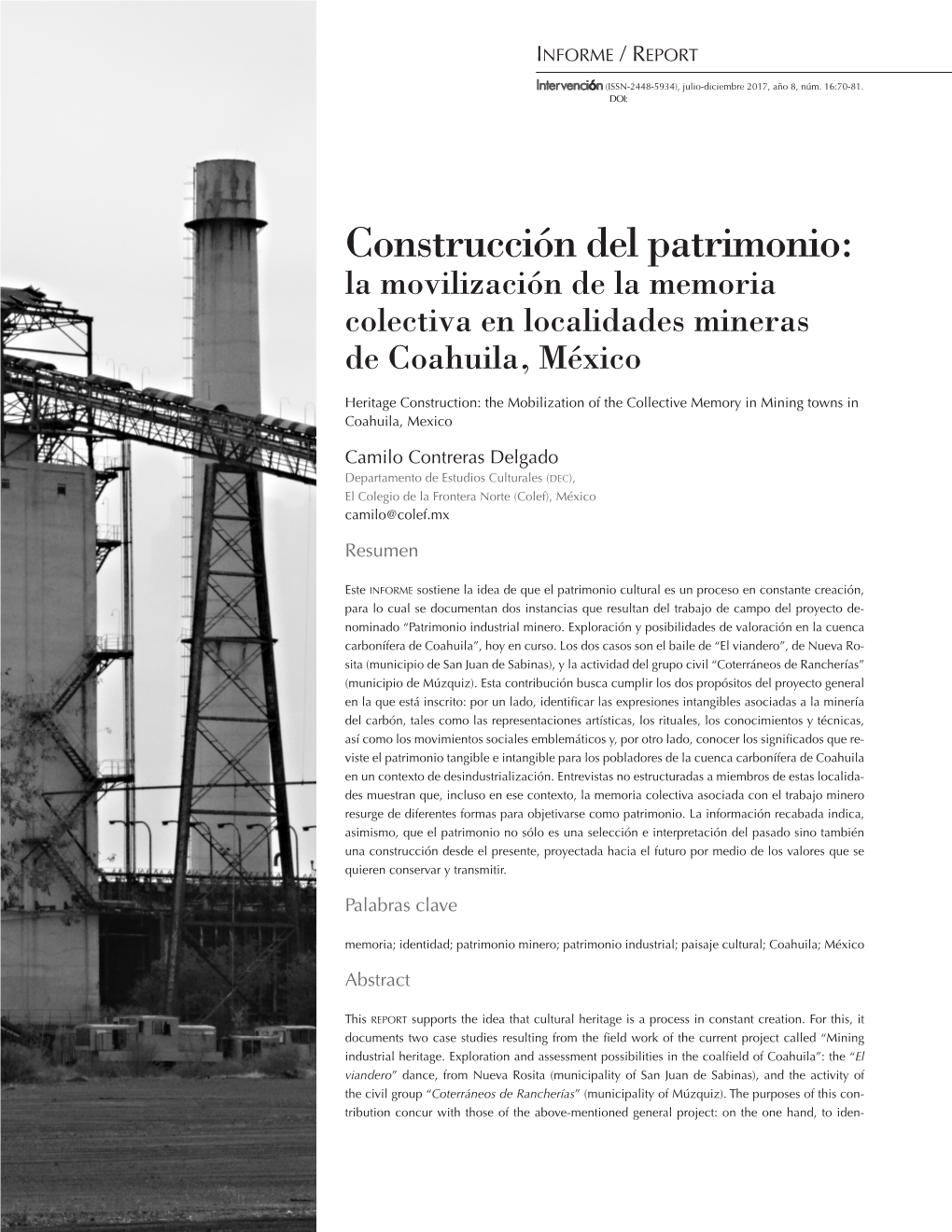 Construcción Del Patrimonio: La Movilización De La Memoria Colectiva En Localidades Mineras De Coahuila, México
