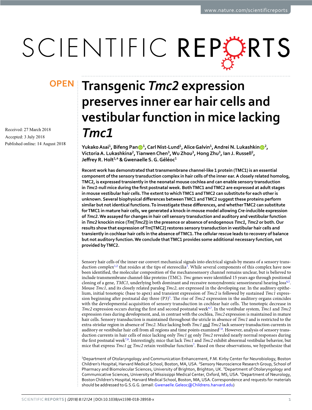 Transgenic Tmc2 Expression